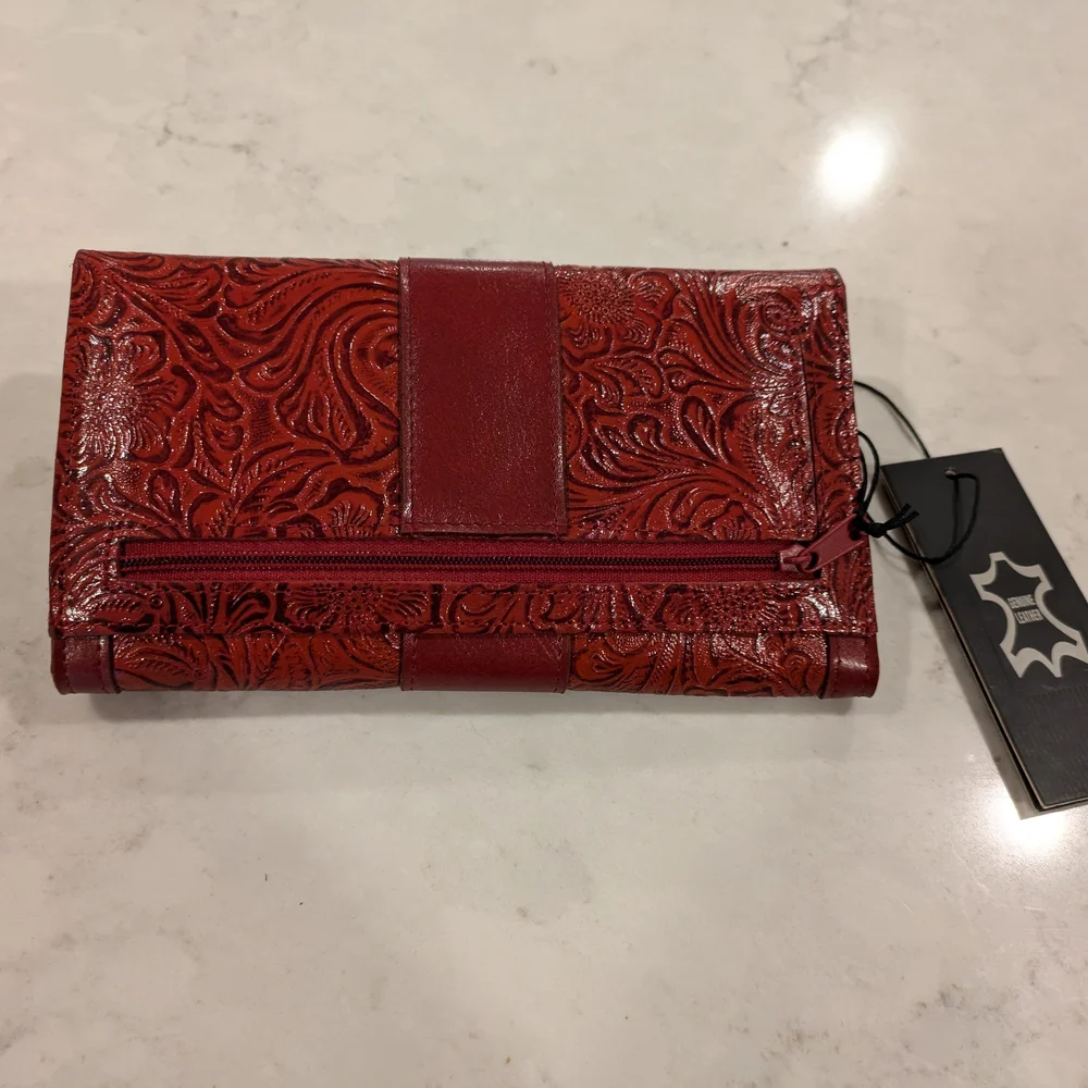 M.C.Red Leather Wallet with Embossed Design